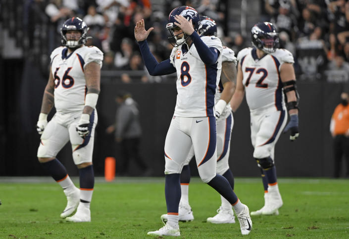 Denver Broncos kicker Brandon McManus (8) reacts after missing a field goal attempt against the Las Vegas Raiders during the second half of an NFL football game, Sunday, Dec. 26, 2021, in Las Vegas. (AP Photo/David Becker)