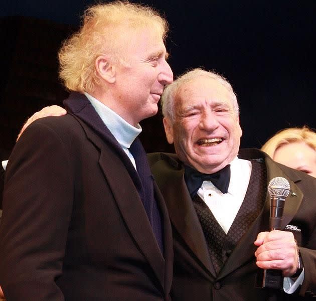 Gene Wilder and Mel Brooks at the curtain call for Mel Brooks’ musical 'Young Frankenstein' on Opening Night, November 8, 2007. Source: Bruce Glikas/FilmMagic/Getty.
