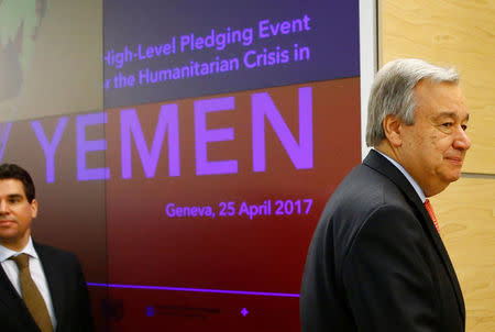 U.N. Secretary General Antonio Guterres attends the High-level Pledging Event for the Humanitarian Crisis in Yemen at the United Nations in Geneva, Switzerland April 25, 2017. REUTERS/Denis Balibouse