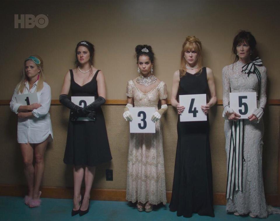 The cast of Big Little Lies during a scene where they're in a police lineup