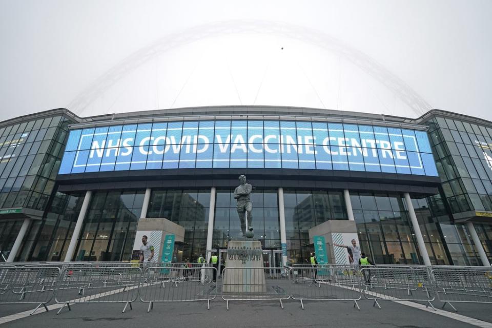 The exterior of Wembley Stadium in London, which is being used as a vaccination centre (Kirsty O’Connor/PA) (PA Wire)