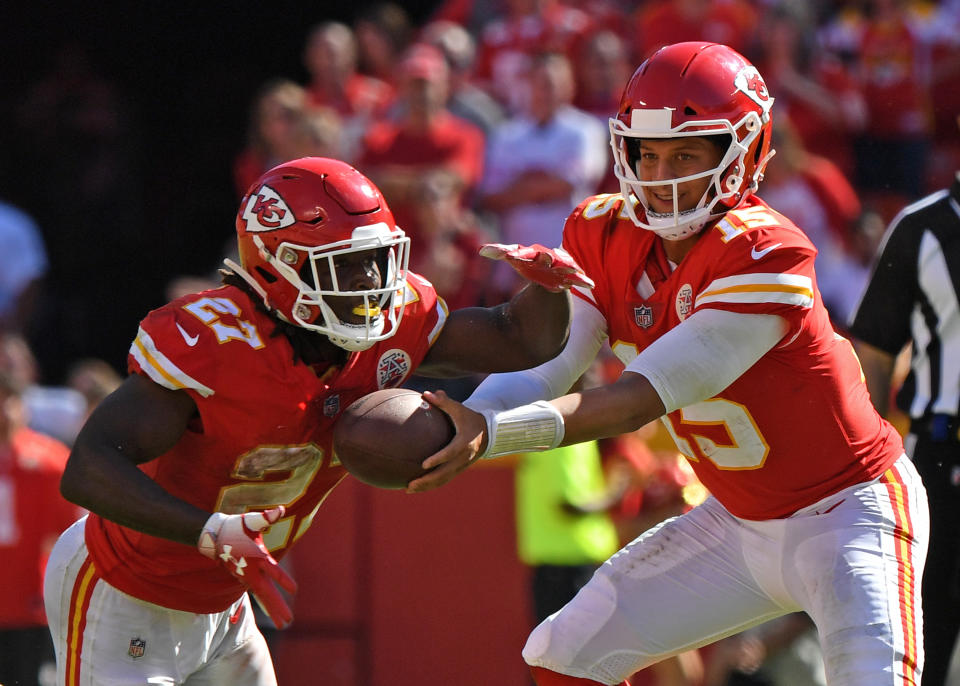 Patrick Mahomes (15) has done his best to play down the loss of Kareem Hunt and the controversy that came with it in Kansas City. (Getty)