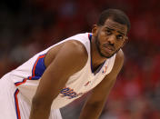 Chris Paul of the Los Angeles Clippers waits for play to begin during game four of the Western Conference Quarterfinals against the Memphis Grizzlies on May 7, 2012 at Staples Center in Los Angeles. The Clippers won 101-97 in overtime to take a three games to one lead in the series. The Grizzlies won 90-88 to tie the series at three games each. (Photo by Stephen Dunn/Getty Images)