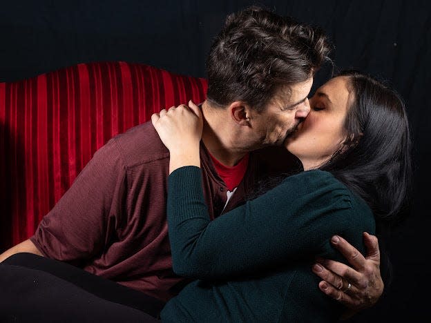 Rob Minshall and Samantha McMahon each play several roles, and share at least one kiss,  in the spoof or Alfred Hitchcock's "The 39 Steps" at Barnstable Comedy Club through Jan. 21.