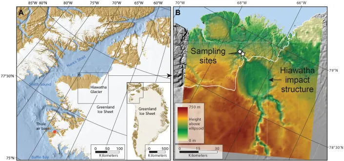 Maps showing the location of the Hiawatha impact crater in northwest Greenland (left) and the shape of Earth’s surface beneath the ice, with the crater clearly visible (right).