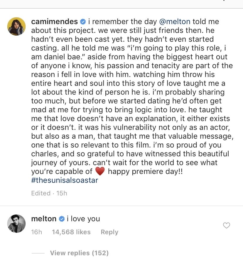 <h1 class="title">Camila Mendes and Charles Melton</h1><cite class="credit">Screenshot. Instagram</cite>