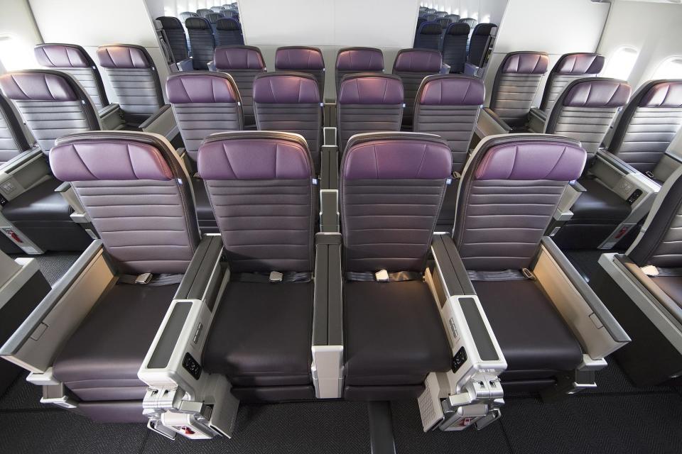 Three rows of United Premium Plus international premium economy seats