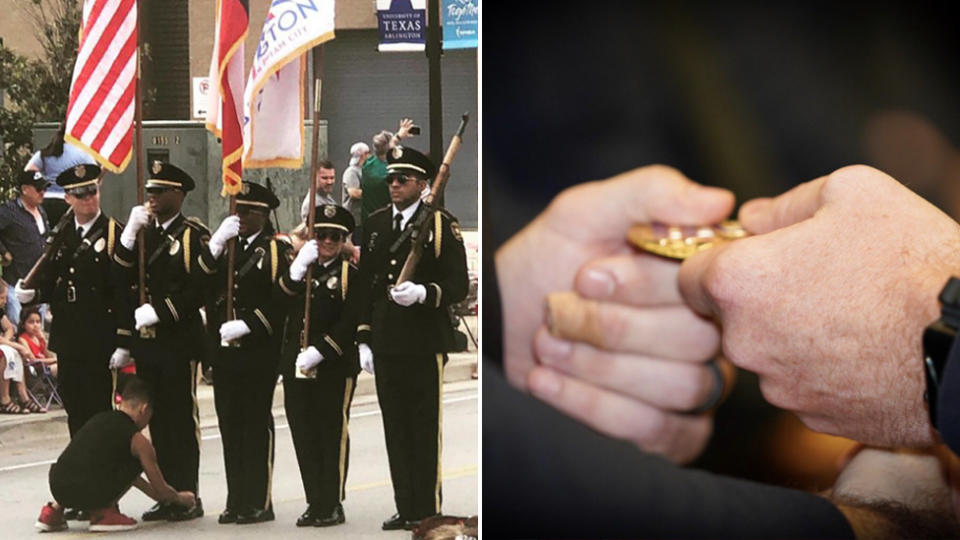 Pictured on the right is a boy named Josh tying the officer shoelace during the Fourth of July parade and on the right is the Chief Challenge Coin he will be awarded for his help.