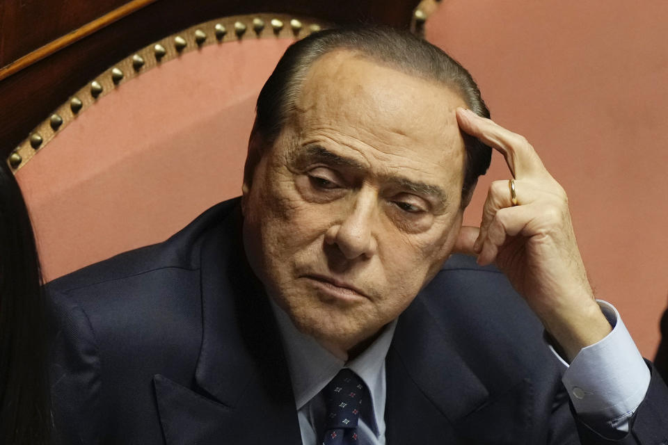 FILE - Forza Italia party leader Silvio Berlusconi at he Senate, in Rome, on Oct. 26, 2022. Doctors for Italian former Premier Silvio Berlusconi say he is being treated in hospital for a lung infection that is a result of chronic leukemia. Berlusconi’s personal physician, Alberto Zangrillo, signed off on a medical bulletin issued Thursday, April 6, 2023 afternoon that said Berlusconi “has had for some time” leukemia in a “persistent chronic phase.” (AP Photo/Andrew Medichini, file)