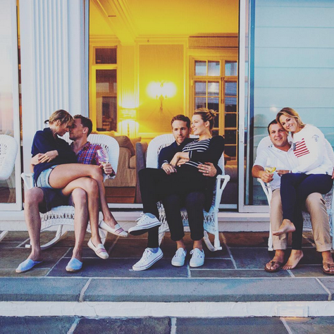 No, this is not a Ralph Lauren ad. This is a glimpse into the life of Hiddleswift, and they Eskimo kiss — in matching espadrilles — while other couples canoodle nearby. The look on Ryan Reynolds’s face (he’s holding a pregnant Lively in the center, while Taylor’s childhood pal Britany LaManna sits with her husband, Ben) kinda says it all to us. (Photo: Instagram)