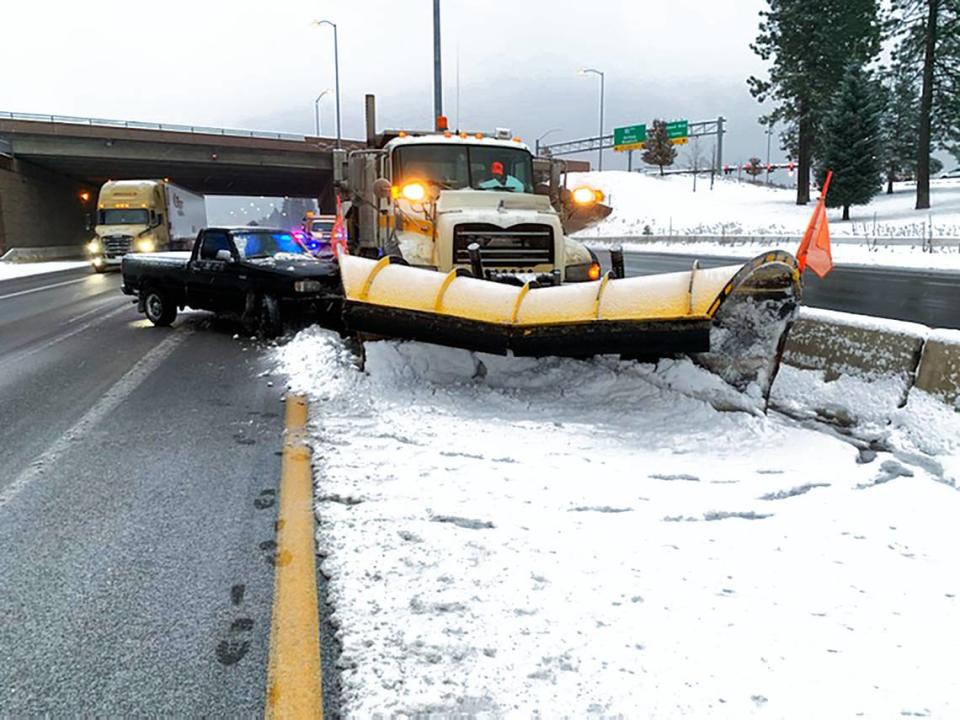 This file photo shows a truck that struck a snowplow on Interstate 90.