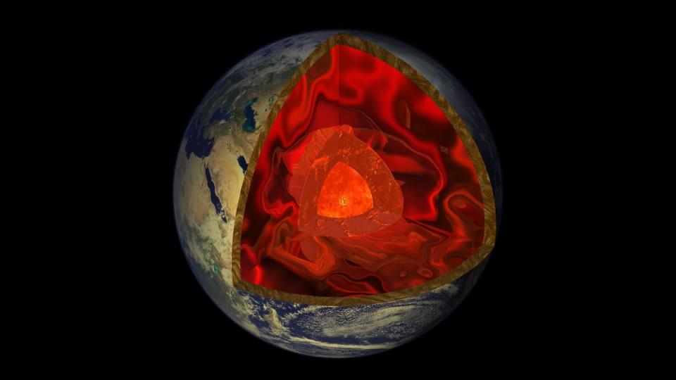  A cross section of earth showing its molten inner layers. 