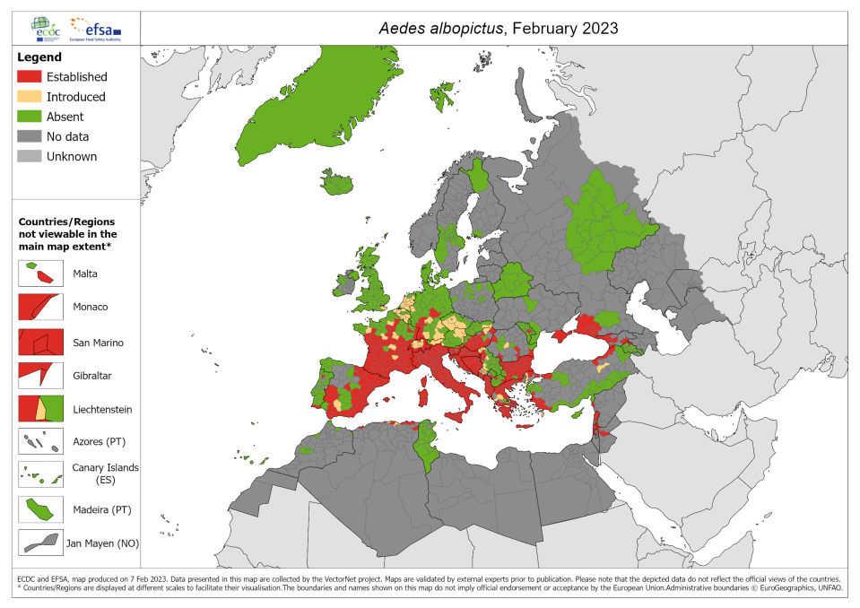 Verbreitung der Tigermücke in Europa im Februar 2023. (Grafik: European Centre for Disease Prevention and Control) 