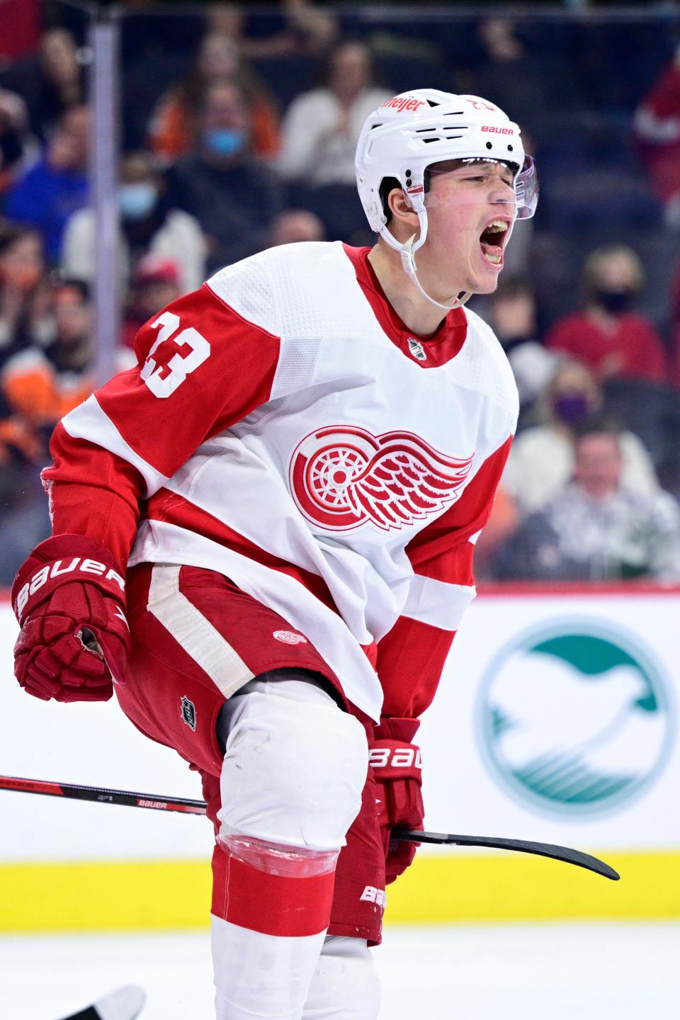 Detroit Red Wings' Lucas Raymond celebrates after scoring a goal during the first period of the team's NHL hockey game against the Philadelphia Flyers at Wells Fargo Center in Philadelphia on Wednesday, Feb. 9, 2022.