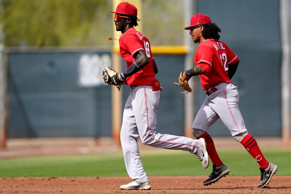 Cincinnati Reds minor league shortstop Elly De La Cruz jogs off the field during a minor-league scrimmage against the Cleveland Guardians, Saturday, March 19, 2022, at the team's spring training facility in Goodyear, Ariz.