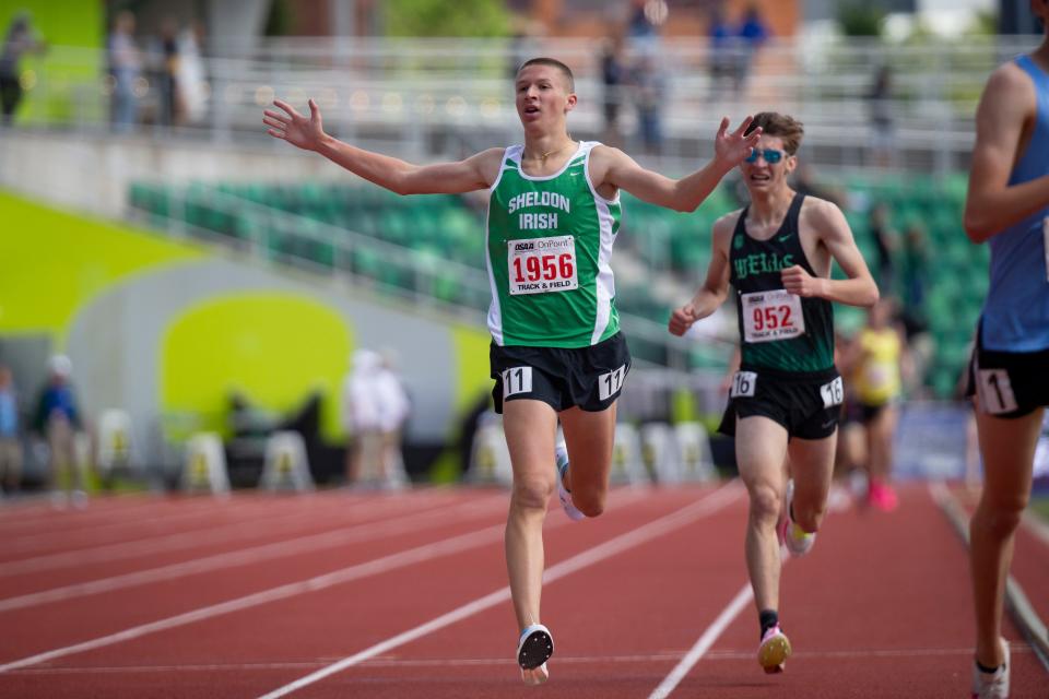 Sheldon’s Malachi Schoenherr wins the 6A 3,000 meters during day two of the OSAA State Track and Field Championships Friday, May 17, 2024 at Hayward Field in Eugene, Ore.