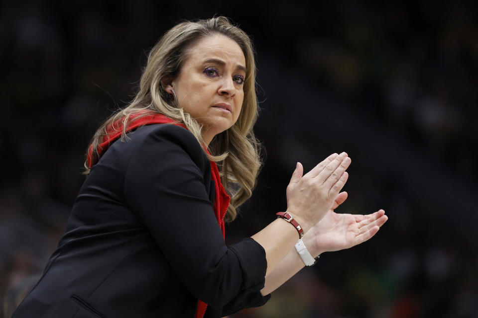 SEATTLE, WASHINGTON - SEPTEMBER 04: Head coach Becky Hammon of the Las Vegas Aces looks on against the Seattle Storm during the first quarter of Game Three of the 2022 WNBA Playoffs semifinals at Climate Pledge Arena on September 04, 2022 in Seattle, Washington. NOTE TO USER: User expressly acknowledges and agrees that, by downloading and or using this photograph, User is consenting to the terms and conditions of the Getty Images License Agreement. (Photo by Steph Chambers/Getty Images)