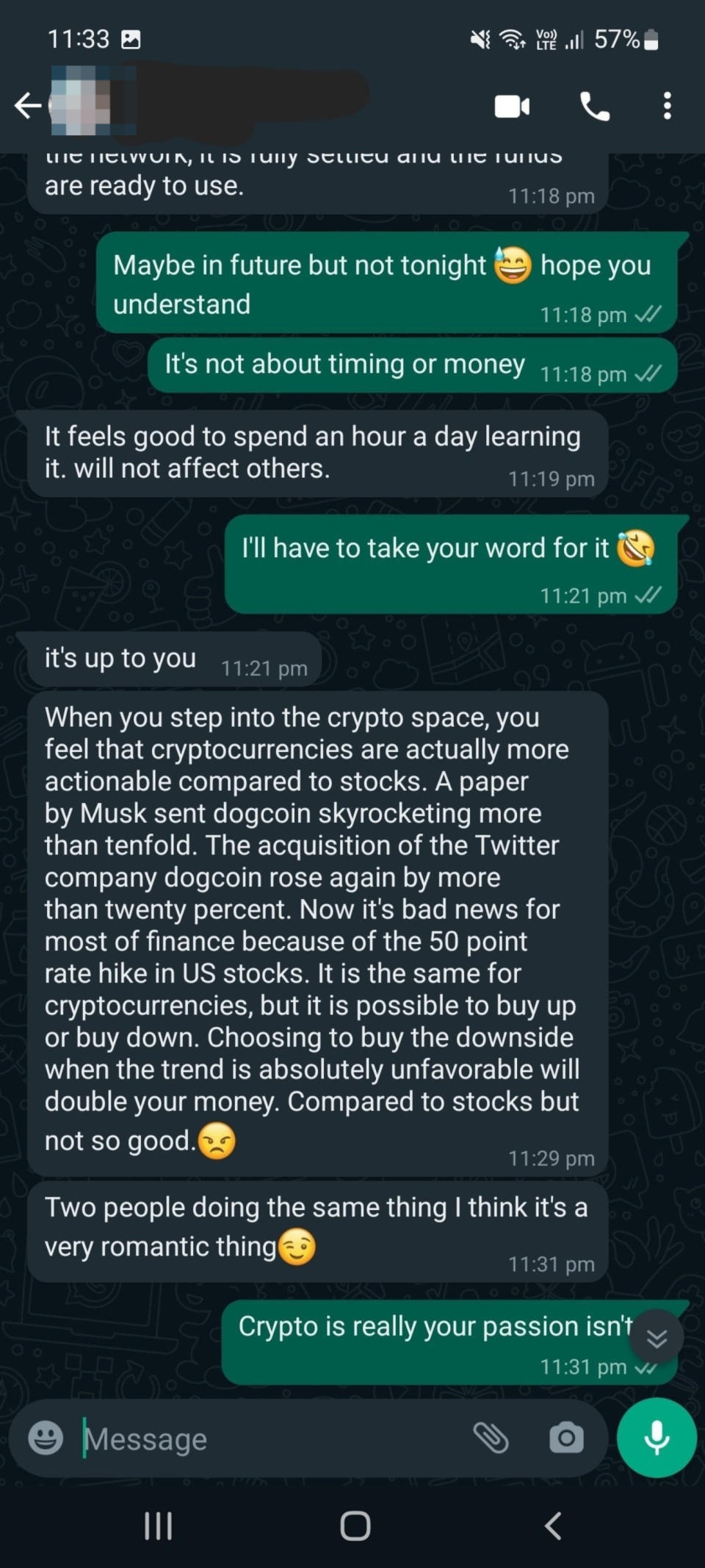 Text conversation discussing the potential and challenges of investing in cryptocurrency, with a focus on Dogecoin and Bitcoin