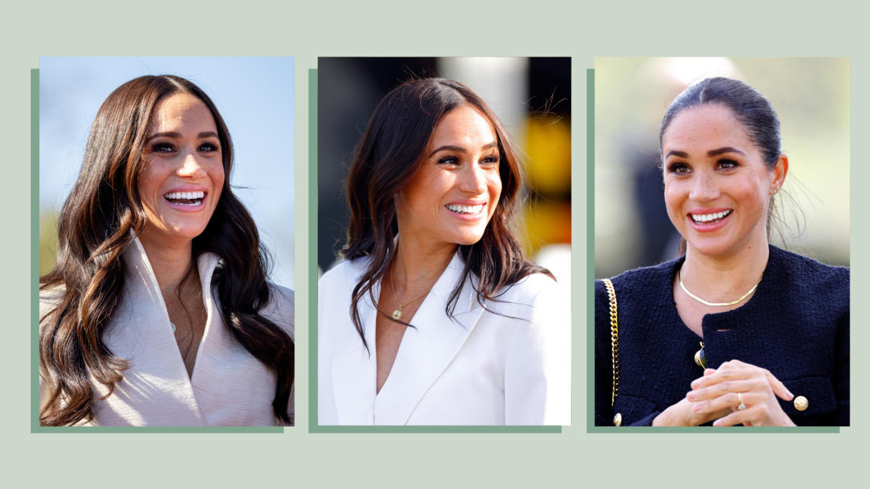  Collage of three images of Meghan Markle on a light green background. 
