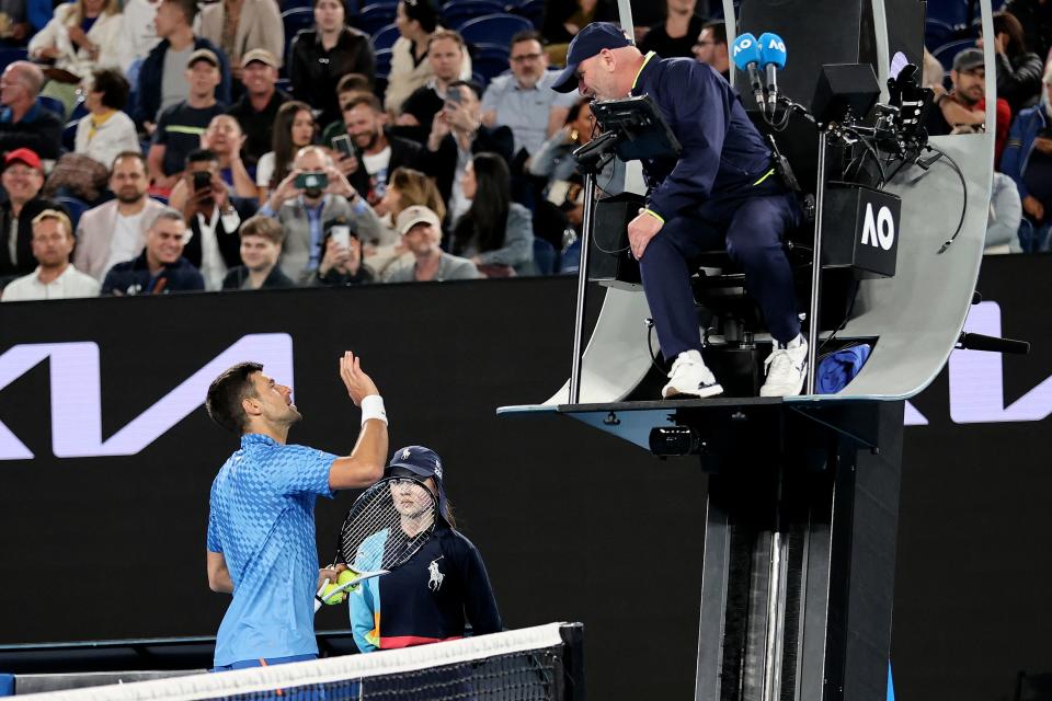 Novak Djokovic pleads his case in the Australian Open. (Martin Keep / AFP via Getty Images)