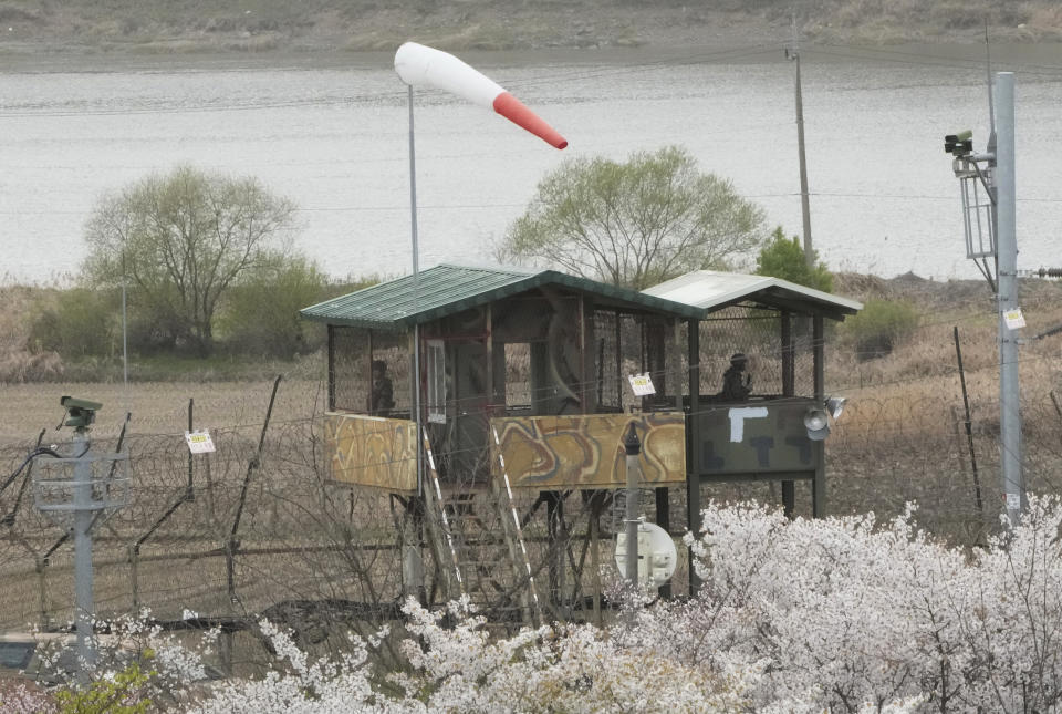 South Korean army soldiers stand guard at a military post at the Imjingak Pavilion in Paju, South Korea, near the border with North Korea, Thursday, April 13, 2023. North Korea on Thursday conducted its first intercontinental ballistic missile launch in a month, possibly testing a new type of more mobile, harder-to-detect weapons system, its neighbors said, in an extension of the North's provocative run of missile tests. (AP Photo/Ahn Young-joon)