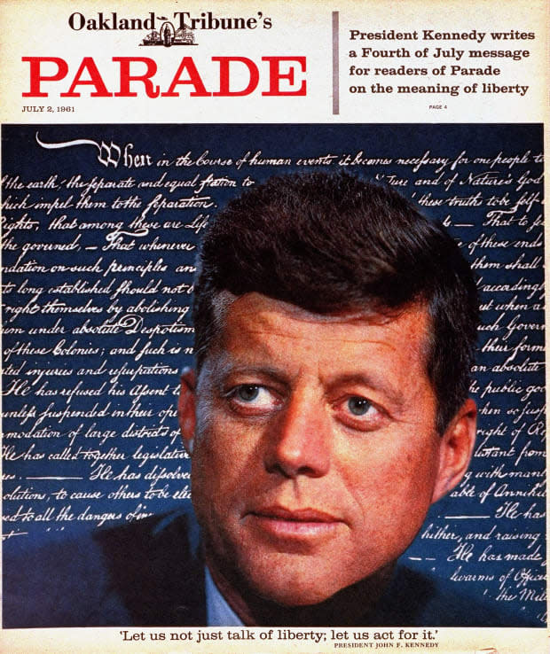 <p>A dashing John F. Kennedy appeared on our July 2, 1961, cover featuring his <a href="https://parade.com/1045615/marynliles/4th-of-july-quotes/" rel="nofollow noopener" target="_blank" data-ylk="slk:July Fourth;elm:context_link;itc:0;sec:content-canvas" class="link ">July Fourth</a> message for the people of America. </p>