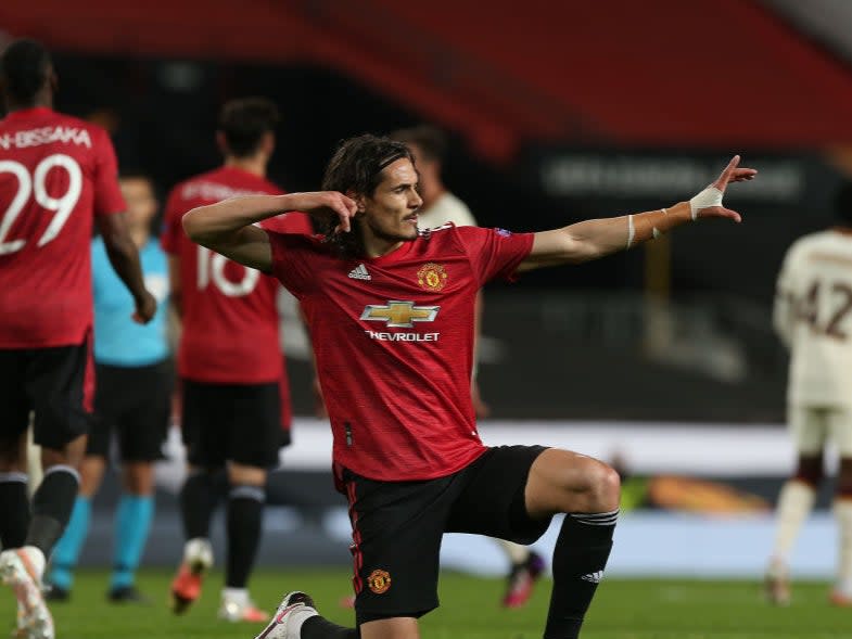 <p>Cavani netted twice in Man Utd’s first leg win against Roma</p> (Manchester United via Getty Imag)