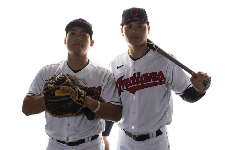 GOODYEAR, AZ - FEBRUARY 19: Cleveland Indians catcher Giljegiljaw KungKuan and Yu Chang pose for a portrait during photo day on February 19, 2020, at Goodyear Ballpark in Goodyear, Ariz. (Photo by Ric Tapia/Icon Sportswire via Getty Images)