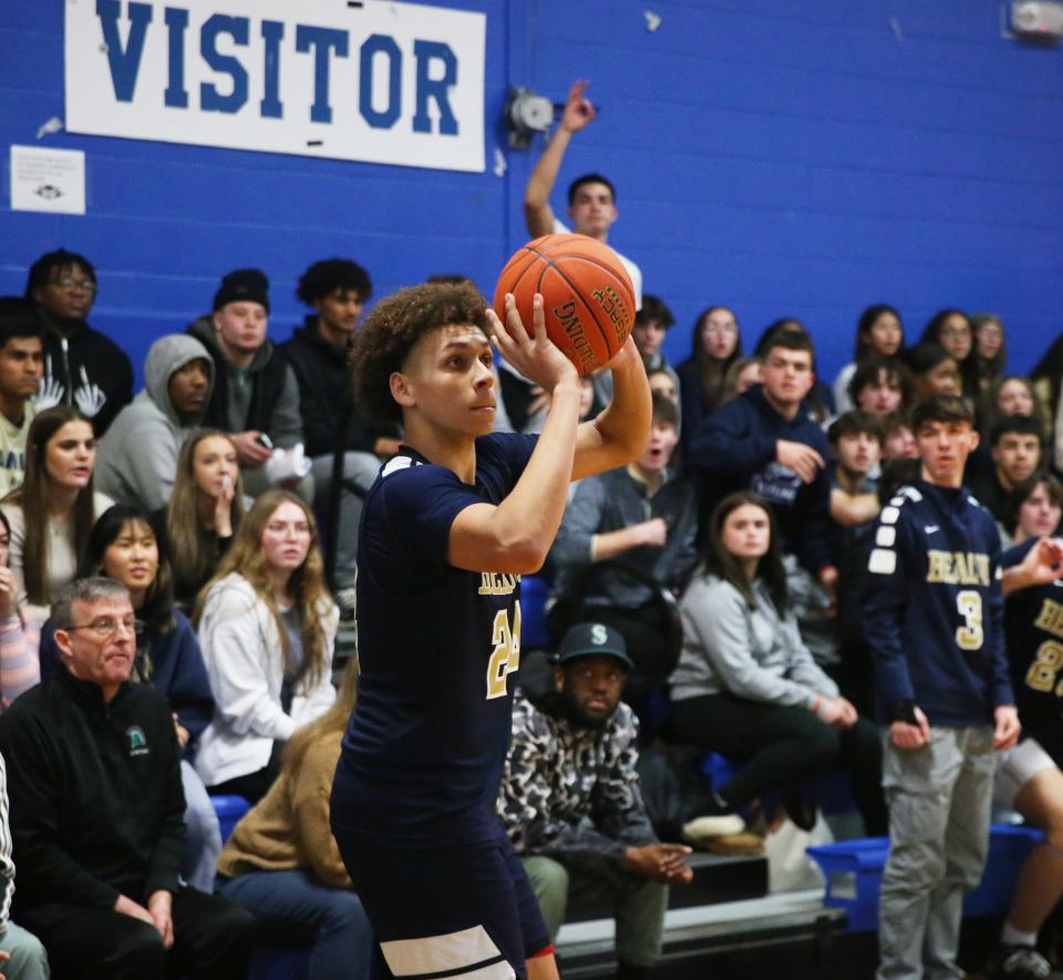 Beacon's Joseph "Macho" Battle pulls up for a 3-pointer against Haldane during a Jan. 27, 2023 boys basketball game.