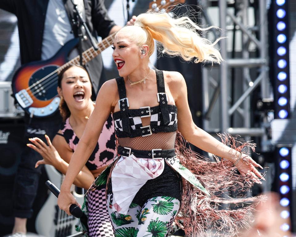 Gwen Stefani performs before the IndyCar Hy-Vee Salute To Farmers 300 at the Iowa Speedway in Newton, Iowa, on July 24, 2022.