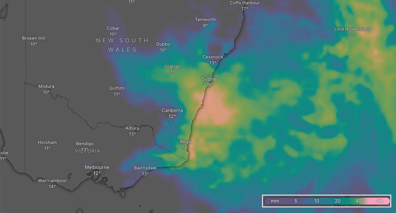 NSW's coastline is set for a drenching today. Pictured is accumulated rain prediction over 72 hours. Source: Windy