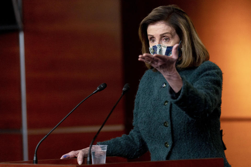 House Speaker Nancy Pelosi of Calif. speaks at a news conference on Capitol Hill in Washington, Thursday, Jan. 28, 2021. (AP Photo/Andrew Harnik)