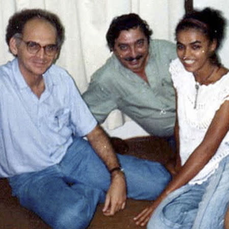 Presidential candidate Marina Silva (R) for the Brazilian Socialist Party smiles next to environmental activist Chico Mendes (C) and writer-historian Francisco Gregorio Filho in Rio Branco, Acre state in a 1986 file photo. REUTERS/Campaign Marina Silva/Handout via Reuters