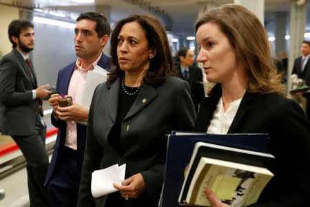 U.S. Senator Kamala Harris (D-CA) arrives ahead of a vote on a bill to renew the National Security Agency's warrantless internet surveillance program, at the U.S. Capitol in Washington, U.S. January 18, 2018. REUTERS/Jonathan Ernst