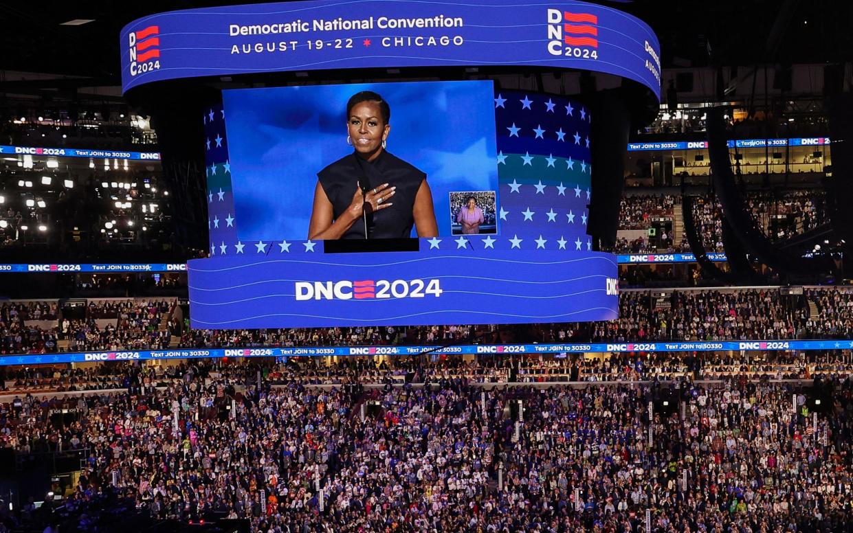 Former first lady of the United States Michelle Obama speaks during Day 2 of the Democratic National Convention