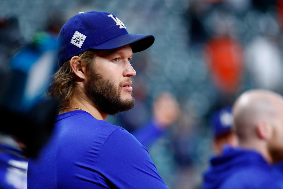 Clayton Kershaw with an eye on the field before Game 4 of the World Series in Houston. (Getty Images)