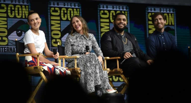 (L-R) Millie Bobby Brown, Vera Farmiga, O'Shea Jackson Jr. and Michael Dougherty all appear in the upcoming "Godzilla: King of the Monsters," with the trailer drawing loud gasps from Comic-Conners