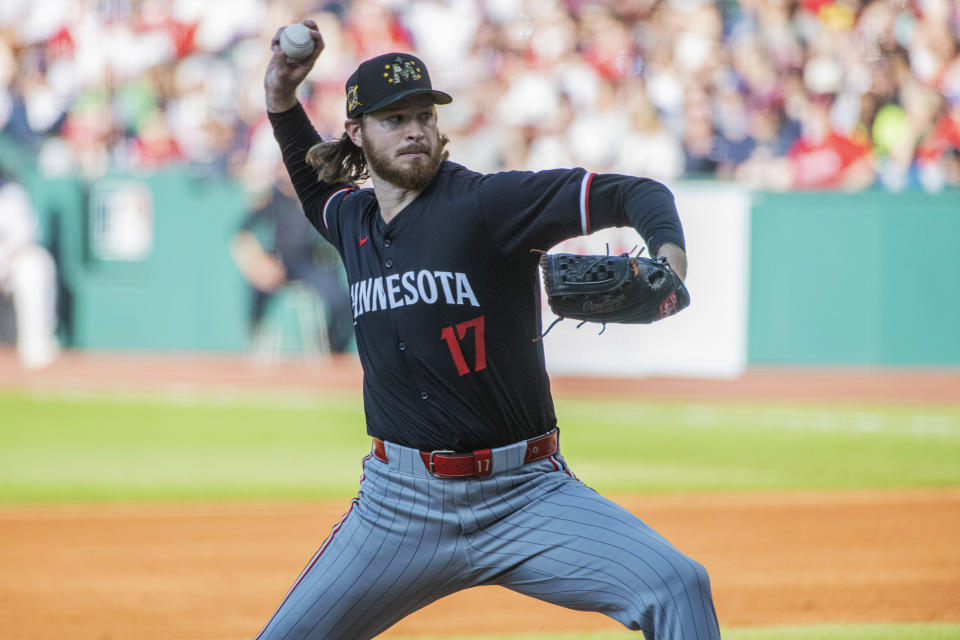 Minnesota Twins starting pitcher Bailey Ober delivers against the Cleveland Guardians during the first inning of a baseball game in Cleveland, Saturday, May 18, 2024. (AP Photo/Phil Long)