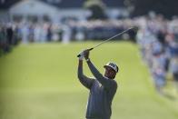 Bubba Watson hits from the fairway on the first hole during second round at the Masters golf tournament at Augusta National Golf Club Friday, April 12, 2024, in Augusta, Ga. (AP Photo/David J. Phillip)