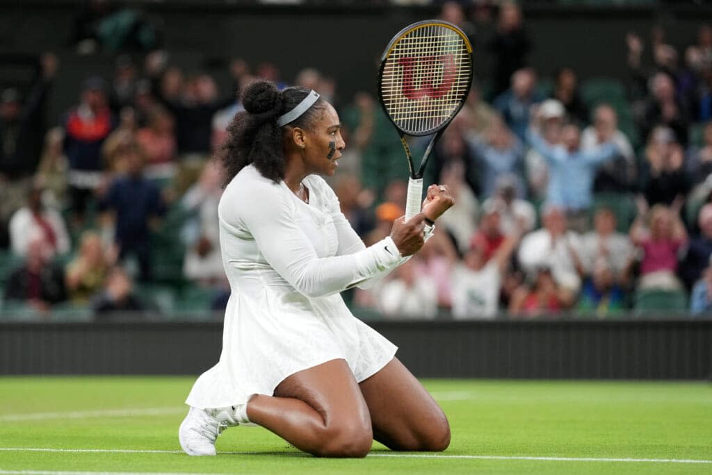 Serena Williams of the US celebrates after winning a point against France’s Harmony Tan in a first round women’s singles match on day two of the Wimbledon tennis championships in London, Tuesday, June 28, 2022. (AP Photo/Alberto Pezzali)