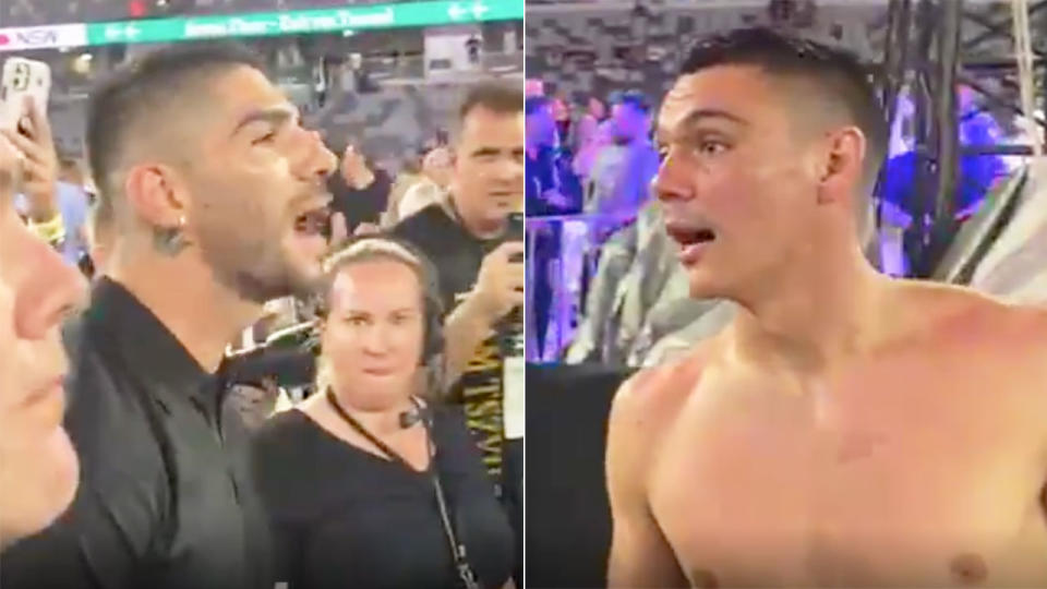 Michael Zerafa and Tim Tszyu can be seen here exchanging words after the latter's win.