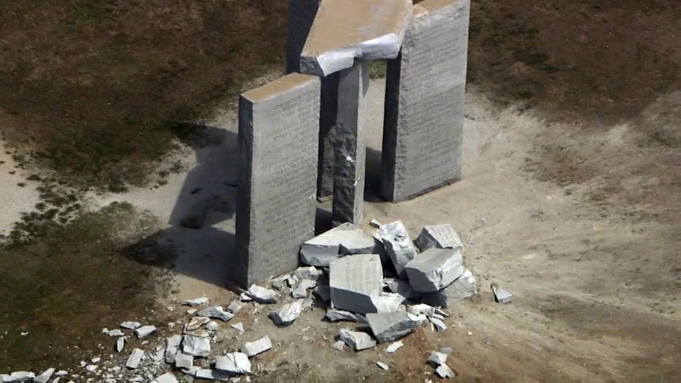FILE - This aerial image from video, shows damage to the Georgia Guidestones monument near Elberton, Ga., on July 6, 2022. The Georgia Bureau of Investigation said the monument, which some Christians regard as satanic, was damaged by an explosion before dawn. (WSB-TV via AP)