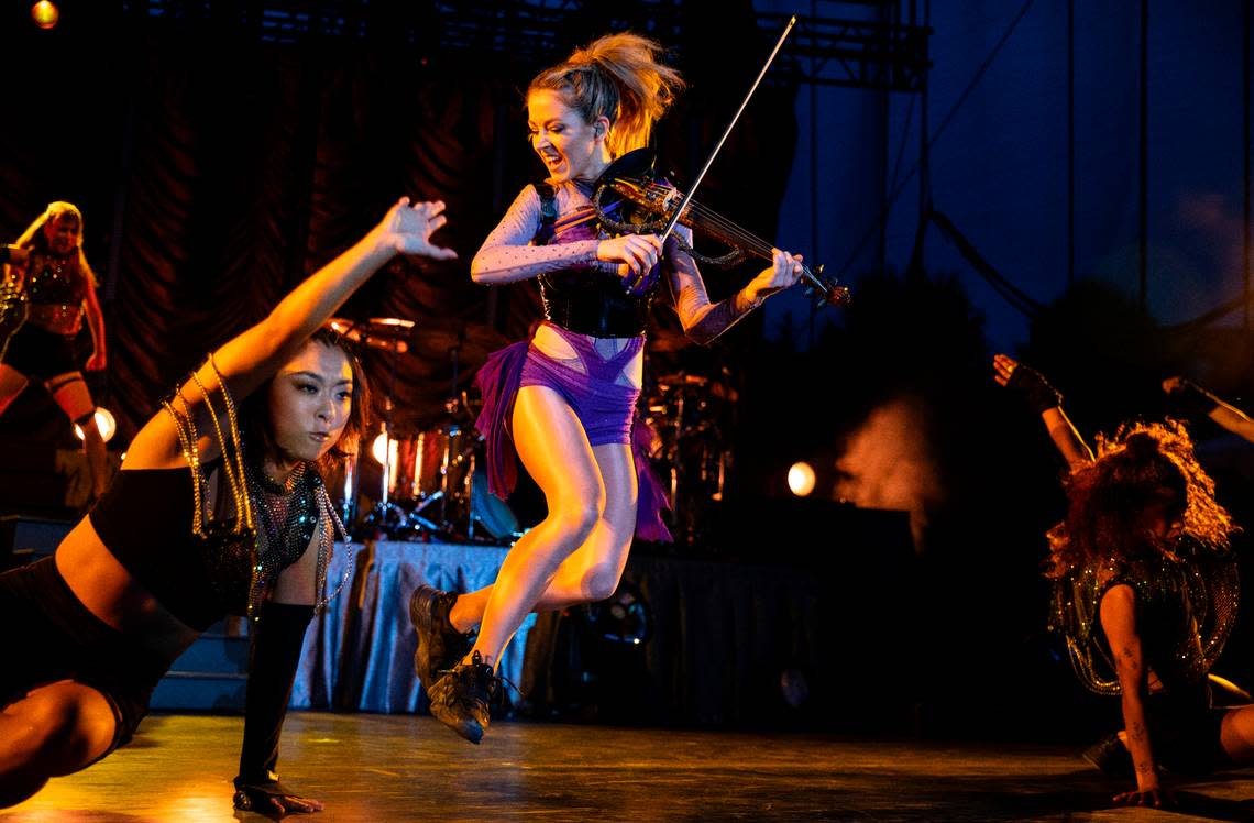 Lindsey Stirling brings her high energy tour to Raleigh, N.C.’s Red Hat Amphitheater for a concert with opener “Walk Off the Earth”, Tuesday night, Aug. 9, 2023.