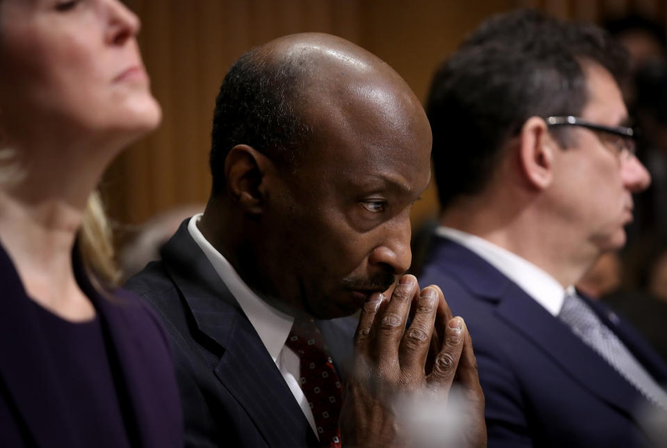 WASHINGTON, DC - FEBRUARY 26: Kenneth C. Frazier (C), chairman and CEO of Merck & Co. Inc., testifies before the Senate Finance Committee on "Drug Pricing in America: A Prescription for Change, Part II" February 26, 2019 in Washington, DC. The committee heard testimony from a panel of pharmaceutical company CEOs on the reasons for rising costs of prescription drugs.  (Photo by Win McNamee/Getty Images)