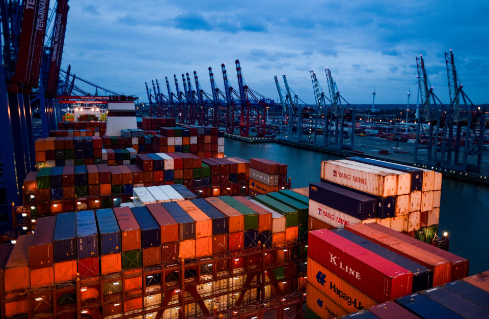 Stacked containers stand on deck of cargo ship 'Barzan' of shipping company 'Hapag Lloyd', docking at the Burchard quay in Hamburg harbour, Germany, 4 October 2017. The 'Barzan' is one of the largest cargo vessels in the world with a capacity of up to 19,000 containers. Photo: Axel Heimken/dpa (Photo by Axel Heimken/picture alliance via Getty Images)