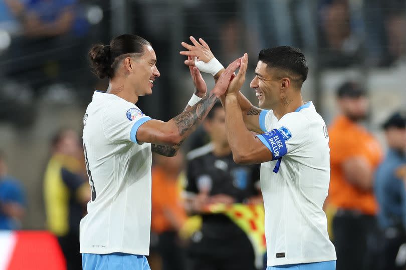 Darwin Nunez and Luis Suarez in action for Uruguay