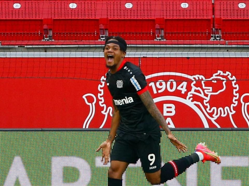 Leon Bailey celebrates scoring for Bayer Leverkusen (POOL/AFP via Getty Images)