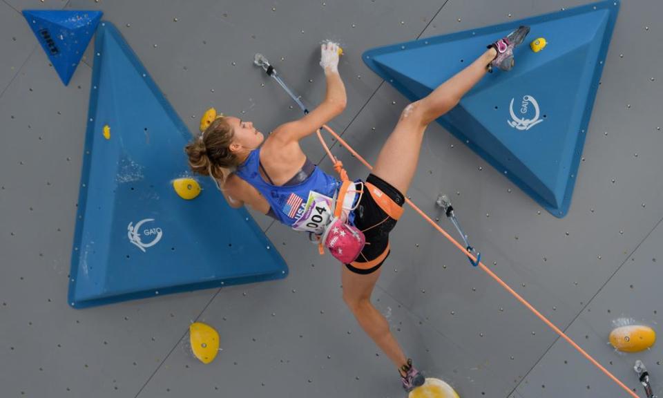 Margo Hayes competes during the sport climbing lead single women’s qualification of the World Games in Wroclaw, Poland, last year.