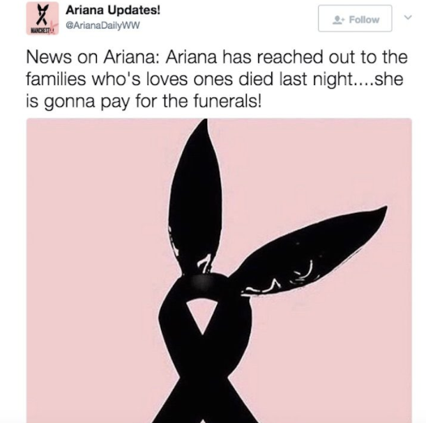 Ariana Grande fan account claiming the star will pay for victim's funerals