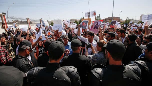 PHOTO: In this Sept. 24, 2022 file photo people take part in a protest following the death of Mahsa Amini in front of the United Nations headquarters in Erbil, Iraq, Sept. 24, 2022. (Azad Lashkari/Reuters, FILE)